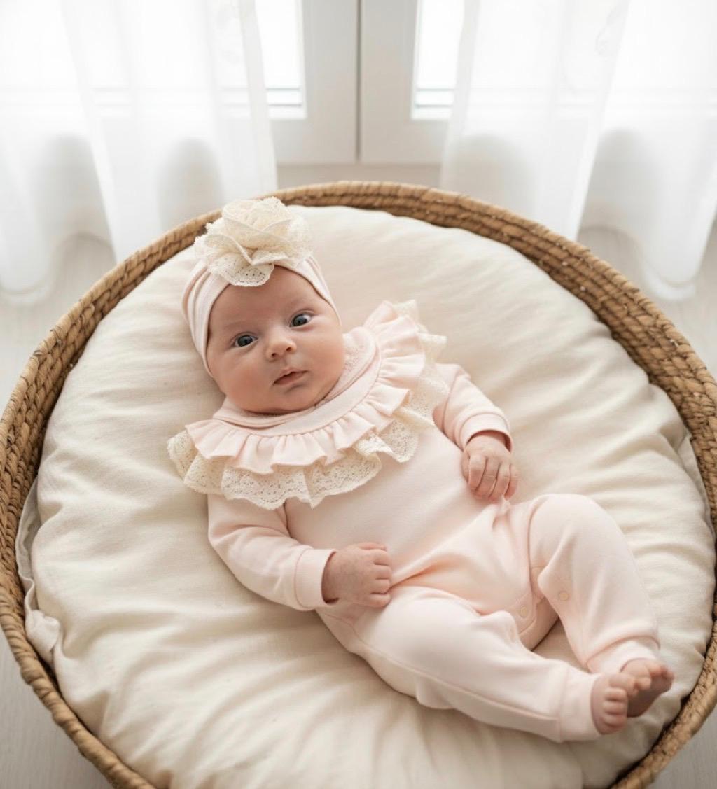 WhatsApp Image 2026-09-11 at 4.40.37 PM (3) Pink Baby Romper With Lace Ruffle and Headband - Image 1